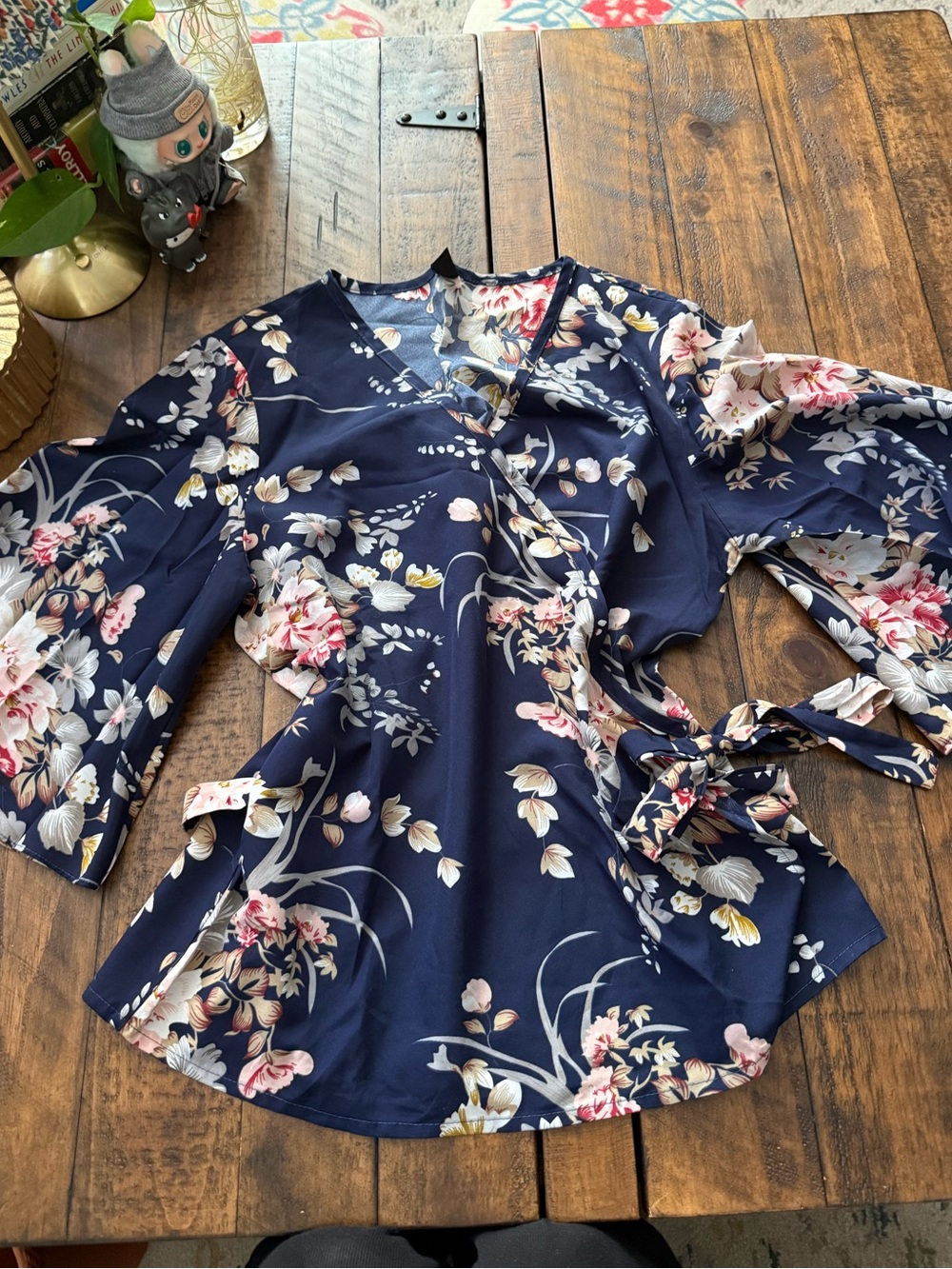 Sz M Emery Rose Navy Floral Wrap Top with 3/4 Bell Sleeves